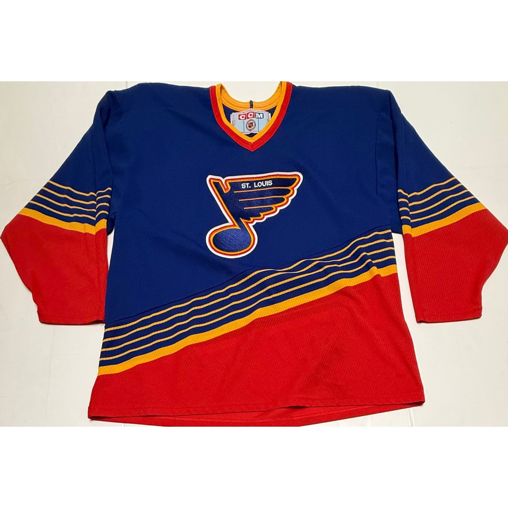 Vintage CCM St Louis Blues NHL Hockey Jersey XL Blue Red Yellow 90s Trumpet Logo